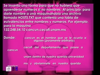 Se invento una forma para que no hubiera que aprenderse numeros si no nombres. Al principio, para darle nombre a una maquinahabia una archivo llamado HOSTS.TXT que contenia una tabla de euivalencias entre nombres y numeros. Por ejemplo, para la maquina  132.248.54.10 cancun.cecafi.unam.mx Donde:  cancun es el nombre que se le ocurrio a  alguien (puramente arbitrario) cecafi del departamento que posee a  cancun unam dentro de nuestra querida universidad mx y obviamnete en nuestro querido  mexico 