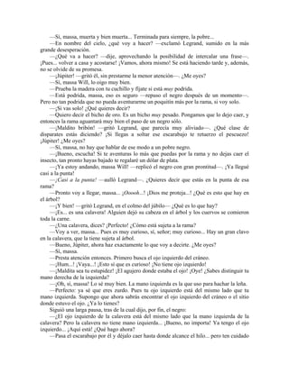 —Sí, massa, muerta y bien muerta... Terminada para siempre, la pobre...
—En nombre del cielo, ¿qué voy a hacer? —exclamó Legrand, sumido en la más
grande desesperación.
—¿Qué va a hacer? —dije, aprovechando la posibilidad de intercalar una frase—.
¡Pues... volver a casa y acostarse! ¡Vamos, ahora mismo! Se está haciendo tarde y, además,
no se olvide de su promesa.
—¡Júpiter! —gritó él, sin prestarme la menor atención—. ¿Me oyes?
—Sí, massa Will, lo oigo muy bien.
—Prueba la madera con tu cuchillo y fíjate si está muy podrida.
—Está podrida, massa, eso es seguro —repuso el negro después de un momento—.
Pero no tan podrida que no pueda aventurarme un poquitín más por la rama, si voy solo.
—¡Si vas solo! ¿Qué quieres decir?
—Quiero decir el bicho de oro. Es un bicho muy pesado. Pongamos que lo dejo caer, y
entonces la rama aguantará muy bien el paso de un negro sólo.
—¡Maldito bribón! —gritó Legrand, que parecía muy aliviado—. ¿Qué clase de
disparates estás diciendo? ¡Si llegas a soltar ese escarabajo te retuerzo el pescuezo!
¡Júpiter! ¿Me oyes?
—Sí, massa, no hay que hablar de ese modo a un pobre negro.
—¡Bueno, escucha! Si te aventuras lo más que puedas por la rama y no dejas caer el
insecto, tan pronto hayas bajado te regalaré un dólar de plata.
—¡Ya estoy andando, massa Will! —replicó el negro con gran prontitud—. ¡Ya llegué
casi a la punta!
—¡Casi a la punta! —aulló Legrand—. ¿Quieres decir que estás en la punta de esa
rama?
—Pronto voy a llegar, massa... ¡Ooooh...! ¡Dios me proteja...! ¿Qué es esto que hay en
el árbol?
—¡Y bien! —gritó Legrand, en el colmo del júbilo— ¿Qué es lo que hay?
—¡Es... es una calavera! Alguien dejó su cabeza en el árbol y los cuervos se comieron
toda la carne.
—¿Una calavera, dices? ¡Perfecto! ¿Cómo está sujeta a la rama?
—Voy a ver, massa... Pues es muy curioso, sí, señor; muy curioso... Hay un gran clavo
en la calavera, que la tiene sujeta al árbol.
—Bueno, Júpiter, ahora haz exactamente lo que voy a decirte. ¿Me oyes?
—Sí, massa.
—Presta atención entonces. Primero busca el ojo izquierdo del cráneo.
—¡Hum...! ¡Vaya...! ¡Esto sí que es curioso! ¡No tiene ojo izquierdo!
—¡Maldita sea tu estupidez! ¡El agujero donde estaba el ojo! ¡Oye! ¿Sabes distinguir tu
mano derecha de la izquierda?
—¡Oh, sí, massa! Lo sé muy bien. La mano izquierda es la que uso para hachar la leña.
—Perfecto: ya sé que eres zurdo. Pues tu ojo izquierdo está del mismo lado que tu
mano izquierda. Supongo que ahora sabrás encontrar el ojo izquierdo del cráneo o el sitio
donde estuvo el ojo. ¿Ya lo tienes?
Siguió una larga pausa, tras de la cual dijo, por fin, el negro:
—¿El ojo izquierdo de la calavera está del mismo lado que la mano izquierda de la
calavera? Pero la calavera no tiene mano izquierda... ¡Bueno, no importa! Ya tengo el ojo
izquierdo... ¡Aquí está! ¿Qué hago ahora?
—Pasa el escarabajo por él y déjalo caer hasta donde alcance el hilo... pero ten cuidado
 
