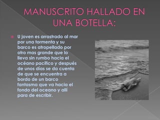MANUSCRITO HALLADO EN UNA BOTELLA:U joven es arrastrado al mar por una tormenta y su barco es atropellado por otro mas grande que lo lleva sin rumbo hacia el océano pacífico y después de unos días se da cuenta de que se encuentra a bordo de un barco fantasma que va hacia el fondo del oceano y allí para de escribir.