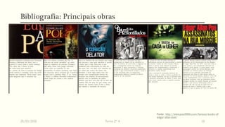 Bibliografia: Principais obras
26/03/2016 Turma 2º A 10
Versão brasileira traduzida por Fernando
Pessoa e Machado de Assis, traz o
poema O corvo onde o autor começa:
“Em certo dia, à hora, à hora
Da meia-noite que apavora,
Eu, caindo de sono e exausto de fadiga,”
neste poema o narrador visita um corvo
falante que responde “Nuca mais!” para
toda pergunta que o narrador faz.
Mais um estória macabra de Poe “A
máscara da morte vermelha” ou rubra
segue a trajetória do príncipe Prospero
que tenta evitar uma praga chamada
morte rubra se isolando no seu
monastério. A estória acontece num baile
de máscaras que o príncipe faz. A estória
acaba com a perfeita frase: “E as Trevas,
a Ruína e a Morte Vermelha instauraram
sobre todas as coisas o seu império
ilimitado.”
Esta é a história de um homem que nega
sua loucura e que está decidido a provar
o leitor que é são. Para ele, o seu
problema está unicamente no olho do
seu amo. Sim, um olho com catarata de
um velho que nunca lhe fizera mal.
Decidido a fazer algo sobre isso, ele
planeja com tranquilidade formas de
alcançar seu intento. Se preocupando
apenas com os detalhes do plano
perfeito que fará com que ele se livre do
maldito olho de uma vez por todas, aos
poucos ele mostra como é fina a linha
que separa a sanidade da loucura.
O conto nos traz a percepção de que o
protagonista se vingará de um desafeto; no
meio, há indícios de como será a vingança; no
fim, o protagonista exerce sua vingança
lentamente. O leitor acompanha a narrativa
duvidando do desfecho anunciado exatamente
porque é algo extremamente simples e cruel e,
no fim, linhaapós linha o protagonista
simplesmente deleita-se ouvindo os últimos
suspiros de seu desafeto.
A queda da casa de Usher investiga as
profundezas escuras do subconsciente e rastreia
os terrores ocultos da alma humana. Nunca
antes (e poucas vezes depois) um escritor
capturou tão completamente a melancolia, o
tormento e a paixão corporificada num
decadente estado mental.
Toda a narrativa é construída tendo-se em
mente o medo e, então, a forma escolhida foi
uma novela fantástica, em que o estranho será
o elemento provocador do efeito. O terror será
tanto maior, quanto maior o espanto causado
pelo estranho.
O gênero literário policial moderno nasce com a
publicação de Os Assassinatos da Rua Morgue,
de Edgar Allan Poe, em 1841. Com essa obra o
autor passou a ser considerado precursor do
moderno conto policial. O conto possui como
personagem central um francês Monsieur que
apresenta um sistema próprio de dedução
baseado na sua profunda capacidade de
observação dos fatos. A obra possui todos os
elementos de historia policial, desde o crime até
o final surpreendente, mas o assassino não é
um gênio criminoso, mas um assustado animal
selvagem perdido na cidade. Narrado em terceira
pessoa e com poucas informações sobre o
narrador. Ele não nos diz de onde vem ou
quando se passa a história, tudo o que
sabemos é que se passa em Paris no século XIX
Fonte: http://www.poe200th.com/famous-books-of-
edgar-allan-poe/
 