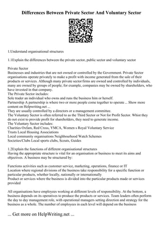 Differences Between Private Sector And Voluntary Sector
1.Understand organisational structures
1.1Explain the differences between the private sector, public sector and voluntary sector
Private Sector
Businesses and industries that are not owned or controlled by the Government. Private Sector
organisations operate privately to make a profit with income generated from the sale of their
products or services. Although many private sector firms are owned and controlled by individuals,
many are owned by groups of people; for example, companies may be owned by shareholders, who
have invested in that company.
The Private Sector includes:
Sole trader an individual who owns and runs the business him or herself.
Partnership A partnership is where two or more people come together to operate... Show more
content on Helpwriting.net ...
They are usually controlled by a directors or a management committee.
The Voluntary Sector is often referred to as the Third Sector or Not for Profit Sector. Whist they
do not exist to provide profit for shareholders, they need to generate income.
The Voluntary Sector includes:
Charities Oxfam, Red Cross, YMCA, Women s Royal Voluntary Service
Trusts Local Housing Associations
Local community organisations Neighbourhood Watch Schemes
Societies/Clubs Local sports clubs, Scouts, Guides
1.2Explain the functions of different organisational structures
Having the appropriate structure is vital for an organisation or business to meet its aims and
objectives. A business may be structured by:
Functions activities such as customer service, marketing, operations, finance or IT
Location where regional divisions of the business take responsibility for a specific function or
particular products, whether locally, nationally or internationally
Product or services where the business is divided into the particular products made or services
provided
All organisations have employees working at different levels of responsibility. At the bottom, a
business depends on its operatives to produce the products or services. Team leaders often perform
the day to day management role, with operational managers setting direction and strategy for the
business as a whole. The number of employees in each level will depend on the business
... Get more on HelpWriting.net ...
 