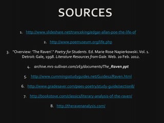 1. http://www.slideshare.net/tranceking/edgar-allan-poe-the-life-of

                      2. http://www.poemuseum.org/life.php

3. "Overview: 'The Raven'." Poetry for Students. Ed. Marie Rose Napierkowski. Vol. 1.
        Detroit: Gale, 1998. Literature Resources from Gale. Web. 20 Feb. 2012.

            4. archive.mrs-sullivan.com/263/documents/The_Raven.ppt

          5. http://www.cummingsstudyguides.net/Guides2/Raven.html

        6. http://www.gradesaver.com/poes-poetry/study-guide/section8/

          7. http://bookstove.com/classics/literary-analysis-of-the-raven/

                          8. http://theravenanalysis.com/
 
