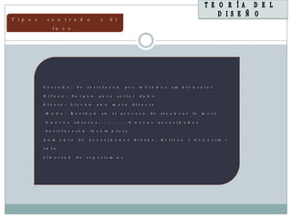 T i p o s     c e n          t r a d             o           y       d i

                    fu      s o .




            C e r r a d           o :     S e    sa t i s f a c e n                p o r       m   é t o d    o s   a m      b i e n       t a l e s


            D i f u       s o :     S u    r g e n          p a r a          e v i t a r       d a ñ    o

            E f e c t o :           L l e v a n            u n   a     m      e t a      d i r e c t a


             M      o d    o :      R e s i d        e n     e n       e l      p r o c e s o          d e    a l c a n   z a r       la     m   e t a


             N u        e v o s         o b j e t o s ‐ ‐ ‐ ‐ ‐ ‐ ‐ ‐ ‐ ‐ ‐ N              u   e v a s       n e c e s i d    a d     e s

             S a t i s f a c c i ó n                 in c o m         p      l e t a


            A u     m     e n     t o      d e    n e c e s i d           a d      e s     S t a t u   s ,    B e l l e z a       y    C o n o c i m     i

            e n   t o


            L i b    e r t a d           d e     e s p     e j i s m         o s
 