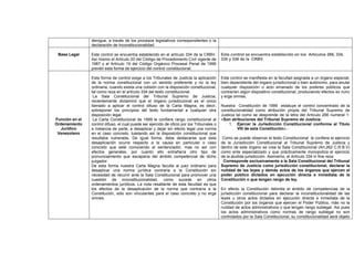 derogue, a través de los procesos legislativos correspondientes o la
declaración de inconstitucionalidad.
Base Legal Este control se encuentra establecido en el artículo 334 de la CRBV.
Así mismo el Artículo 20 del Código de Procedimiento Civil vigente de
1987 y el Artículo 19 del Código Orgánico Procesal Penal de 1999
prevén esta forma de ejercicio del control constitucional.
Este control se encuentra establecido en los Artículos 266, 334,
335 y 336 de la CRBV.
Función en el
Ordenamiento
Jurídico
Venezolano
Esta forma de control exige a los Tribunales de Justicia la aplicación
de la norma constitucional con un sentido preferente y no la ley
ordinaria, cuando exista una colisión con la disposición constitucional,
tal como reza en el artículo 334 del texto constitucional.
La Sala Constitucional del Tribunal Supremo de Justicia,
recientemente dictaminó que el órgano jurisdiccional es el único
llamado a aplicar el control difuso de la Carta Magna, es decir,
sobreponer los principios del texto fundamental a cualquier otra
disposición legal.
La Carta Constitucional de 1999 le confiere rango constitucional al
control difuso, el cual puede ser ejercido de oficio por los Tribunales o
a instancia de parte, a desaplicar y dejar sin efecto legal una norma
en el caso concreto, tutelando así la disposición constitucional que
resultaba vulnerada. De igual forma, debe destacarse que esta
desaplicación ocurre respecto a la causa en particular o caso
concreto que esté conociendo el sentenciador, mas no así con
efectos generales, por cuanto ello entrañaría otro tipo de
pronunciamiento que escaparía del ámbito competencial de dicho
juzgador.
De esta forma nuestra Carta Magna faculta al juez ordinario para
desaplicar una norma jurídica contraria a la Constitución sin
necesidad de recurrir ante la Sala Constitucional para promover una
cuestión de inconstitucionalidad, como sucede en otros
ordenamientos jurídicos. La nota resaltante de esta facultad es que
los efectos de la desaplicación de la norma que contraría a la
Constitución, sólo son vinculantes para el caso concreto y no erga
omnes.
Este control se manifiesta en la facultad asignada a un órgano especial,
bien dependiente del órgano jurisdiccional o bien autónomo, para anular
cualquier disposición o acto emanado de los poderes públicos que
contraríen algún dispositivo constitucional, produciendo efectos ex nunc
y erga omnes.
Nuestra Constitución de 1999 estatuye el control concentrado de la
constitucionalidad como atribución propia del Tribunal Supremo de
Justicia tal como se desprende de la letra del Artículo 266 numeral 1:
«Son atribuciones del Tribunal Supremo de Justicia:
1. Ejercer la Jurisdicción Constitucional conforme al Título
VIII de esta Constitución»...
Como se puede observar el texto Constitucional le confiere el ejercicio
de la Jurisdicción Constitucional al Tribunal Supremo de Justicia y
dentro de este órgano se crea la Sala Constitucional (Art.262 C.R.B.V)
como ente especializado y que prácticamente monopoliza el ejercicio
de la aludida jurisdicción. Asimismo, el Artículo 334 in fine reza:
Corresponde exclusivamente a la Sala Constitucional del Tribunal
Supremo de Justicia como jurisdicción constitucional, declarar la
nulidad de las leyes y demás actos de los órganos que ejercen el
poder público dictados en ejecución directa e inmediata de la
Constitución o que tengan rango de ley.
En efecto la Constitución delimita el ámbito de competencias de la
jurisdicción constitucional para declarar la inconstitucionalidad de las
leyes u otros actos dictados en ejecución directa e inmediata de la
Constitución por los órganos que ejercen el Poder Público, más no la
nulidad de actos administrativos o que tengan rango sublegal. Así pues
los actos administrativos como normas de rango sublegal no son
controlados por la Sala Constitucional, su constitucionalidad será objeto
 