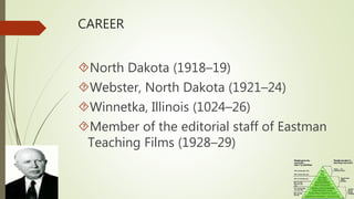CAREER
North Dakota (1918–19)
Webster, North Dakota (1921–24)
Winnetka, Illinois (1024–26)
Member of the editorial staff of Eastman
Teaching Films (1928–29)
 