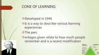CONE OF LEARNING
Developed in 1946
It is a way to describe various learning
experiences
The perc
entages given relate to how much people
remember and is a recent modification
 