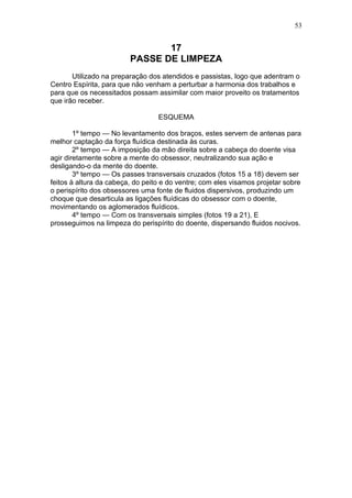 53


                                17
                         PASSE DE LIMPEZA
       Utilizado na preparação dos atendidos e passistas, logo que adentram o
Centro Espírita, para que não venham a perturbar a harmonia dos trabalhos e
para que os necessitados possam assimilar com maior proveito os tratamentos
que irão receber.

                                  ESQUEMA

        1º tempo — No levantamento dos braços, estes servem de antenas para
melhor captação da força fluídica destinada às curas.
        2º tempo — A imposição da mão direita sobre a cabeça do doente visa
agir diretamente sobre a mente do obsessor, neutralizando sua ação e
desligando-o da mente do doente.
        3º tempo — Os passes transversais cruzados (fotos 15 a 18) devem ser
feitos à altura da cabeça, do peito e do ventre; com eles visamos projetar sobre
o perispírito dos obsessores uma fonte de fluidos dispersivos, produzindo um
choque que desarticula as ligações fluídicas do obsessor com o doente,
movimentando os aglomerados fluídicos.
        4º tempo — Com os transversais simples (fotos 19 a 21), E
prosseguimos na limpeza do perispírito do doente, dispersando fluidos nocivos.
 