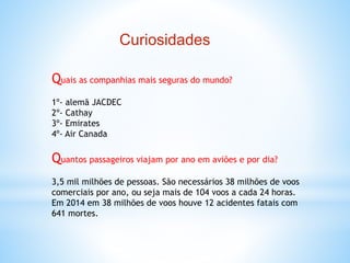 Curiosidades
Quais as companhias mais seguras do mundo?
1º- alemã JACDEC
2º- Cathay
3º- Emirates
4º- Air Canada
Quantos passageiros viajam por ano em aviões e por dia?
3,5 mil milhões de pessoas. São necessários 38 milhões de voos
comerciais por ano, ou seja mais de 104 voos a cada 24 horas.
Em 2014 em 38 milhões de voos houve 12 acidentes fatais com
641 mortes.
 