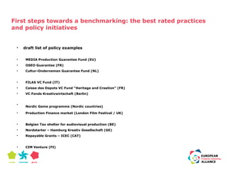 First steps towards a benchmarking: the best rated practices 
and policy initiatives 
• draft list of policy examples 
• MEDIA Production Guarantee Fund (EU) 
• OSEO Guarantee (FR) 
• Cultur-Ondernemen Guarantee Fund (NL) 
• FILAS VC Fund (IT) 
• Caisse des Depots VC Fund “Heritage and Creation” (FR) 
• VC Fonds Kreativwirtschaft (Berlin) 
• Nordic Game programme (Nordic countries) 
• Production Finance market (London Film Festival / UK) 
• Belgian Tax shelter for audiovisual production (BE) 
• Nordstarter – Hamburg Kreativ Gesellschaft (GE) 
• Repayable Grants – ICEC (CAT) 
• CIM Venture (FI) 
 
