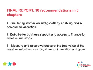 FINAL REPORT: 10 recommendations in 3 
chapters 
I. Stimulating innovation and growth by enabling cross-sectoral 
collaboration 
II. Build better business support and access to finance for 
creative industries 
III. Measure and raise awareness of the true value of the 
creative industries as a key driver of innovation and growth 
 