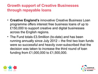 Growth support of Creative Businesses 
through repayable loans 
• Creative England’s innovative Creative Business Loan 
programme offers interest free business loans of up to 
£150,000 to support creative and digital businesses 
across the English regions. 
• The Fund totals £3.5million (to-date) and has been 
running annually since July 2012 – the first two loan funds 
were so successful and heavily over-subscribed that the 
decision was taken to increase the third round of loan 
funding from £1,000,000 to £1,500,000. 
 