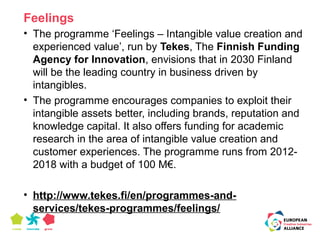 Feelings 
• The programme ‘Feelings – Intangible value creation and 
experienced value’, run by Tekes, The Finnish Funding 
Agency for Innovation, envisions that in 2030 Finland 
will be the leading country in business driven by 
intangibles. 
• The programme encourages companies to exploit their 
intangible assets better, including brands, reputation and 
knowledge capital. It also offers funding for academic 
research in the area of intangible value creation and 
customer experiences. The programme runs from 2012- 
2018 with a budget of 100 M€. 
• http://www.tekes.fi/en/programmes-and-services/ 
tekes-programmes/feelings/ 
 