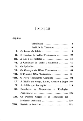 , 
INDICE 
Capítulo 
I. 
II. 
III. 
VI. 
V. 
VI. 
VII. 
VIII. 
IX. 
X. 
XI. 
XII. 
XIII. 
Introdução . 
Prefácio do Tradutor . 
Os Livros da Bíblia . 
O Comêço do Velho Testamento . 
A Lei e os Profetas . 
A Conclusão do Velho Testamento . 
Os Apócrifos . 
Os Começos do Nôvo Testamento . 
O· Primeiro Nôvo Testamento '" . o •• 
O Nôvo Testamento Completo . 
A Bíblia em Grego, Latim, AÍemão e Inglês 
A Bíblia em Português . 
Descoberta de Manuscritos e Traduções 
Particulares . 
Os Papiros Gregos e as Traduções em 
Moderno Vernáculo . 
Revisão e Sumário 
3 
5 
9 
22 
33 
44 
55 
69 
81 
92 
103 
115 
126 
139 
153 
 