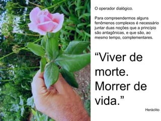 	O complexo é aquilo que é tecido simultaneamente, aí subentendido ordem/desordem, um/múltiplo, todo/partes, objeto/meio ambiente, objeto/sujeito, claro/escuro.	A complexidade se reconhece portanto pelos traços negativos: incertezas, insuficiência da lógica. Mas se reconhece também pelos traços positivos: o tecido comum onde se unem o um e o múltiplo, o universal e o singular, a ordem a desordem e a organização.(MORIN, p. 133)
