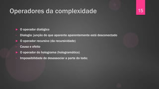 Operadores da complexidade                                              15


    O operador dialógico
 •   Dialogia: junção do que aparente aparentemente está desconectado
    O operador recursivo (da recursividade)
 •   Causa e efeito
    O operador do holograma (hologramático)
 •   Impossibilidade de desassociar a parte do todo;
 