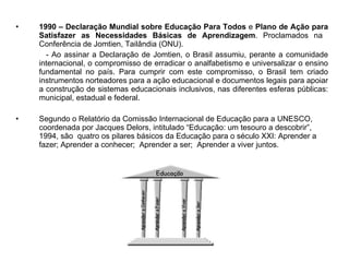 1990 – Declaração Mundial sobre Educação Para Todos  e  Plano de Ação para Satisfazer as Necessidades Básicas de Aprendizagem . Proclamados na  Conferência de Jomtien, Tailândia (ONU). - Ao assinar a Declaração de Jomtien, o Brasil assumiu, perante a comunidade internacional, o compromisso de erradicar o analfabetismo e universalizar o ensino fundamental no país. Para cumprir com este compromisso, o Brasil tem criado instrumentos norteadores para a ação educacional e documentos legais para apoiar a construção de sistemas educacionais inclusivos, nas diferentes esferas públicas: municipal, estadual e federal. Segundo o Relatório da Comissão Internacional de Educação para a UNESCO, coordenada por Jacques Delors, intitulado “Educação: um tesouro a descobrir”, 1994, são  quatro os pilares básicos da Educação para o século XXI: Aprender a fazer; Aprender a conhecer;  Aprender a ser;  Aprender a viver juntos.            