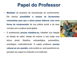 Papel do Professor
• Mediador do processo de reconstrução do conhecimento.
Ele precisa possibilitar o acesso às ferramentas
necessárias para que o aluno possa elaborar uma nova
forma de compreensão de sua prática social e de seus
vínculos com a prática social global.
• O professor(a) precisa trabalhar-se, trabalhar sua relação
ao desejo de saber, desejo de ensinar e isso exige uma
leitura plural: filosófica, antropológica, psicanalítica,
sociológica: multirreferencial. O sujeito professor precisa
colocar-se em questão: auto-avaliar-se, auto-questionar-se,
perceber seu papel no instituído e no instituinte.
 