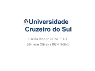 Universidade
Cruzeiro do Sul
Carina Ribeiro RGM 991-1
Silvilene Oliveira RGM 966-1
 