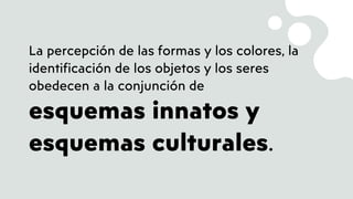 La percepción de las formas y los colores, la
identificación de los objetos y los seres
obedecen a la conjunción de
esquemas innatos y
esquemas culturales.
 