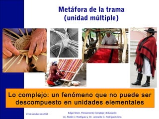 Metáfora de la trama
(unidad múltiple)

Lo complejo: un fenómeno que no puede ser
descompuesto en unidades elementales
23 de octubre de 2013

Edgar Morin, Pensamiento Complejo y Educación
Lic. Rubén J. Rodríguez y Dr. Leonardo G. Rodríguez Zona

 