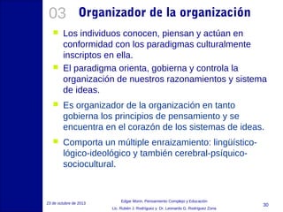 03




Organizador de la organización

Los individuos conocen, piensan y actúan en
conformidad con los paradigmas culturalmente
inscriptos en ella.
El paradigma orienta, gobierna y controla la
organización de nuestros razonamientos y sistema
de ideas.



Es organizador de la organización en tanto
gobierna los principios de pensamiento y se
encuentra en el corazón de los sistemas de ideas.



Comporta un múltiple enraizamiento: lingüísticológico-ideológico y también cerebral-psíquicosociocultural.

23 de octubre de 2013

Edgar Morin, Pensamiento Complejo y Educación
Lic. Rubén J. Rodríguez y Dr. Leonardo G. Rodríguez Zona

30

 