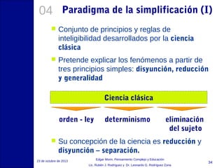 04

Paradigma de la simplificación (I)



Conjunto de principios y reglas de
inteligibilidad desarrollados por la ciencia
clásica



Pretende explicar los fenómenos a partir de
tres principios simples: disyunción, reducción
y generalidad
Ciencia clásica
orden - ley



determinismo

eliminación
del sujeto

Su concepción de la ciencia es reducción y
disyunción – separación.

23 de octubre de 2013

Edgar Morin, Pensamiento Complejo y Educación
Lic. Rubén J. Rodríguez y Dr. Leonardo G. Rodríguez Zona

34

 