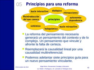 05

Principios para una reforma
bucle interactivo
Reintroducción
del que conoce

dialógico

retroacciones

principios

sistémico

holográmico

autonomíadependencia

bucle retroactivo



La reforma del pensamiento necesaria
generará un pensamiento del contexto y de lo
complejo. Un pensamiento que vincule y
afronte la falta de certeza.



Reemplazará la causalidad lineal por una
causalidad multireferencial.



Podemos adelantar siete principios guía para
un nuevo pensamiento vinculante.

23 de octubre de 2013

Edgar Morin, Pensamiento Complejo y Educación
Lic. Rubén J. Rodríguez y Dr. Leonardo G. Rodríguez Zona

42

 