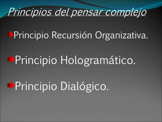 Principios del pensar complejo
Principio Recursión Organizativa.
Principio Hologramático.
Principio Dialógico.
 