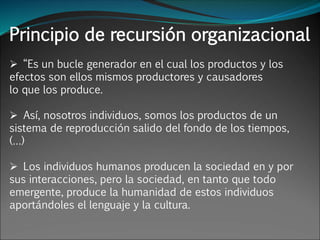 Principio de recursión organizacional
 “Es un bucle generador en el cual los productos y los
efectos son ellos mismos productores y causadores
lo que los produce.
 Así, nosotros individuos, somos los productos de un
sistema de reproducción salido del fondo de los tiempos,
(…)
 Los individuos humanos producen la sociedad en y por
sus interacciones, pero la sociedad, en tanto que todo
emergente, produce la humanidad de estos individuos
aportándoles el lenguaje y la cultura.
 