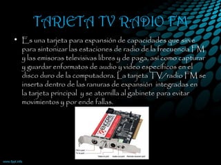 TARJETA TV RADIO FM
• Es una tarjeta para expansión de capacidades que sirve
para sintonizar las estaciones de radio de la frecuencia FM
y las emisoras televisivas libres y de paga, así como capturar
y guardar enformatos de audio y video específicos en el
disco duro de la computadora. La tarjeta TV/radio FM se
inserta dentro de las ranuras de expansión  integradas en
la tarjeta principal  y se atornilla al gabinete para evitar
movimientos y por ende fallas.
 