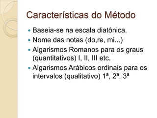 Características do Método
 Baseia-se na escala diatônica.
 Nome das notas (do,re, mi...)
 Algarismos Romanos para os graus
  (quantitativos) I, II, III etc.
 Algarismos Arábicos ordinais para os
  intervalos (qualitativo) 1ª, 2ª, 3ª
 