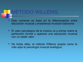 MÉTODO WILLEMS.






Esta corriente se basa en la diferenciación entre
educación musical y enseñanza musical tradicional.
El valor psicológico de la música va a primar sobre la
perfección formal y aparece una educación musical
con un doble valor.
De todas ellas, el método Willems acepta como la
más apta la psicología musical analógica.

 