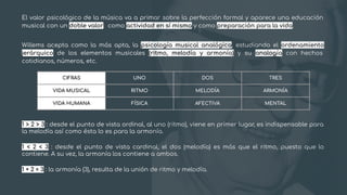 El valor psicológico de la música va a primar sobre la perfección formal y aparece una educación
musical con un doble valor: como actividad en sí misma y como preparación para la vida.
Willems acepta como la más apta, la psicología musical analógica, estudiando el ordenamiento
jerárquico de los elementos musicales (ritmo, melodía y armonía) y su analogía con hechos
cotidianos, números, etc.
CIFRAS UNO DOS TRES
VIDA MUSICAL RITMO MELODÍA ARMONÍA
VIDA HUMANA FÍSICA AFECTIVA MENTAL
1 > 2 > 3 : desde el punto de vista ordinal, al uno (ritmo), viene en primer lugar, es indispensable para
la melodía así como ésta lo es para la armonía.
1 < 2 < 3 : desde el punto de vista cardinal, el dos (melodía) es más que el ritmo, puesto que lo
contiene. A su vez, la armonía los contiene a ambos.
1 + 2 = 3 : la armonía (3), resulta de la unión de ritmo y melodía.
 