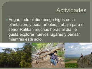  Edgar,

todo el dia recoge higos en la
plantacion, y poda arboles, trabaja para el
señor Ratikan muchas horas al dia, le
gusta explorar nuevos lugares y pensar
mientras esta solo.

 