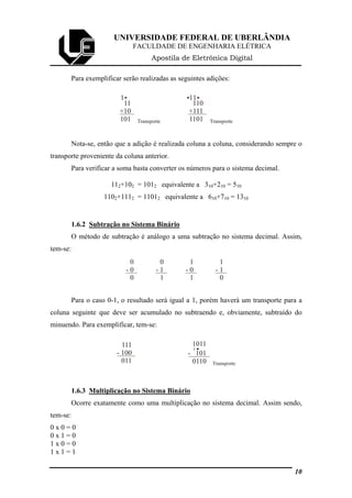 UNIVERSIDADE FEDERAL DE UBERLÂNDIA
FACULDADE DE ENGENHARIA ELÉTRICA
Apostila de Eletrônica Digital
Para exemplificar serão realizadas as seguintes adições:
11
+10
101
1
Transporte
110
+111
1101
1
Transporte
1
Nota-se, então que a adição é realizada coluna a coluna, considerando sempre o
transporte proveniente da coluna anterior.
Para verificar a soma basta converter os números para o sistema decimal.
112+102 = 1012 equivalente a 310+210 = 510
1102+1112 = 11012 equivalente a 610+710 = 1310
1.6.2 Subtração no Sistema Binário
O método de subtração é análogo a uma subtração no sistema decimal. Assim,
tem-se:
0
- 0
0
0
- 1
1
1
- 1
0
1
- 0
1
Para o caso 0-1, o resultado será igual a 1, porém haverá um transporte para a
coluna seguinte que deve ser acumulado no subtraendo e, obviamente, subtraído do
minuendo. Para exemplificar, tem-se:
111
- 100
011
- 101
0110 Transporte
1
1011
1.6.3 Multiplicação no Sistema Binário
Ocorre exatamente como uma multiplicação no sistema decimal. Assim sendo,
tem-se:
0 x 0 = 0
0 x 1 = 0
1 x 0 = 0
1 x 1 = 1
10
 