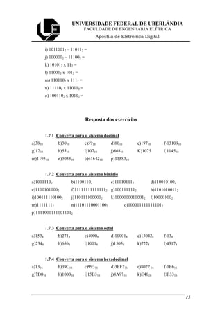 UNIVERSIDADE FEDERAL DE UBERLÂNDIA
FACULDADE DE ENGENHARIA ELÉTRICA
Apostila de Eletrônica Digital
i) 10110012 – 110112 =
j) 1000002 – 111002 =
k) 101012 x 112 =
l) 110012 x 1012 =
m) 1101102 x 1112 =
n) 111102 x 110112 =
o) 1001102 x 10102 =
Resposta dos exercícios
1.7.1 Converta para o sistema decimal
a)3810 b)3010 c)5910 d)8010 e)19710 f)1310910
g)1210 h)5510 i)10710 j)86810 K)1075 l)114510
m)119510 n)303810 o)6164210 p)1158310
1.7.2 Converta para o sistema binário
a)10011102 b)11001102 c)110101112 d)1100101002
e)11001010002 f)111111111111112 g)1001111112 h)11010100112
i)1001111101002 j)1101111000002 k)10000000100012 l)100001002
m)11111112 n)111011100011002 o)1000111111111012
p)11110001110011012
1.7.3 Converta para o sistema octal
a)1538 b)2718 c)40008 d)100018 e)130428 f)138
g)2348 h)6568 i)10018 j)15058 k)7228 l)43178
1.7.4 Converta para o sistema hexadecimal
a)1316 b)39C16 c)99316 d)3EF216 e)8022 16 f)1E616
g)7D016 h)100016 i)15B316 j)8A9716 k)E4016 l)B3316
15
 