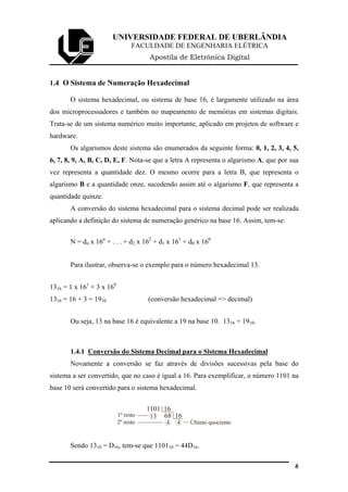 UNIVERSIDADE FEDERAL DE UBERLÂNDIA
FACULDADE DE ENGENHARIA ELÉTRICA
Apostila de Eletrônica Digital
1.4 O Sistema de Numeração Hexadecimal
O sistema hexadecimal, ou sistema de base 16, é largamente utilizado na área
dos microprocessadores e também no mapeamento de memórias em sistemas digitais.
Trata-se de um sistema numérico muito importante, aplicado em projetos de software e
hardware.
Os algarismos deste sistema são enumerados da seguinte forma: 0, 1, 2, 3, 4, 5,
6, 7, 8, 9, A, B, C, D, E, F. Nota-se que a letra A representa o algarismo A, que por sua
vez representa a quantidade dez. O mesmo ocorre para a letra B, que representa o
algarismo B e a quantidade onze, sucedendo assim até o algarismo F, que representa a
quantidade quinze.
A conversão do sistema hexadecimal para o sistema decimal pode ser realizada
aplicando a definição do sistema de numeração genérico na base 16. Assim, tem-se:
N = dn x 16n
+ . . . + d2 x 162
+ d1 x 161
+ d0 x 160
Para ilustrar, observa-se o exemplo para o número hexadecimal 13.
1316 = 1 x 161
+ 3 x 160
1316 = 16 + 3 = 1910 (conversão hexadecimal => decimal)
Ou seja, 13 na base 16 é equivalente a 19 na base 10. 1316 = 1910.
1.4.1 Conversão do Sistema Decimal para o Sistema Hexadecimal
Novamente a conversão se faz através de divisões sucessivas pela base do
sistema a ser convertido, que no caso é igual a 16. Para exemplificar, o número 1101 na
base 10 será convertido para o sistema hexadecimal.
1101 16
13 68 16
Último quociente2º resto
1º resto
4 4
Sendo 1310 = D16, tem-se que 110110 = 44D16.
6
 