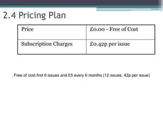 2.4 Pricing Plan
Price £0.00 - Free of Cost
Subscription Charges £0.42p per issue
Free of cost first 6 issues and £5 every 6 months (12 issues, 42p per issue)
 