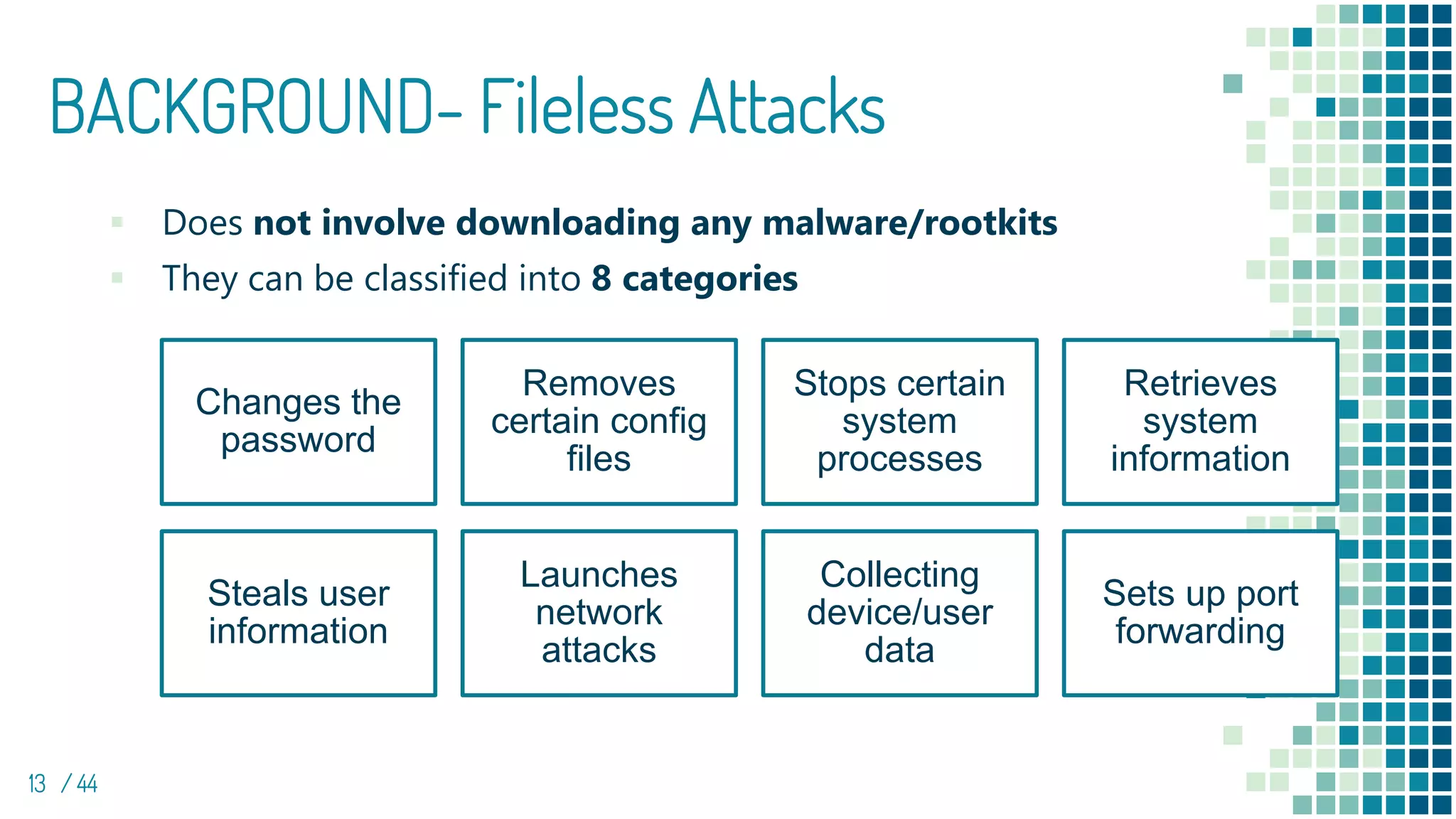 BACKGROUND- Fileless Attacks
▪ Does not involve downloading any malware/rootkits
▪ They can be classified into 8 categories
13 / 44
Changes the
password
Removes
certain config
files
Stops certain
system
processes
Retrieves
system
information
Steals user
information
Launches
network
attacks
Collecting
device/user
data
Sets up port
forwarding
 