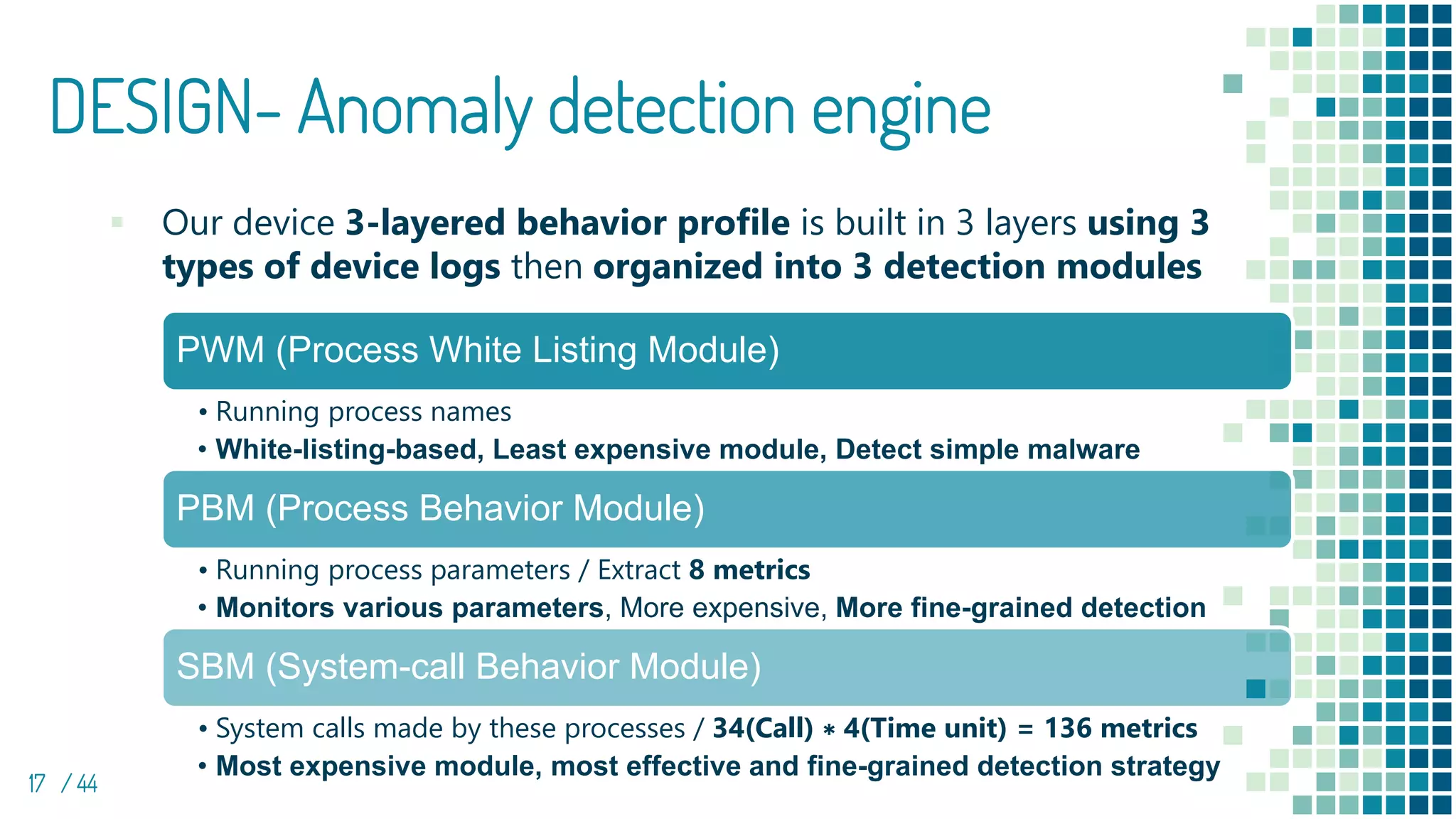 DESIGN- Anomaly detection engine
17 / 44
▪ Our device 3-layered behavior profile is built in 3 layers using 3
types of device logs then organized into 3 detection modules
PWM (Process White Listing Module)
• Running process names
• White-listing-based, Least expensive module, Detect simple malware
PBM (Process Behavior Module)
• Running process parameters / Extract 8 metrics
• Monitors various parameters, More expensive, More fine-grained detection
SBM (System-call Behavior Module)
• System calls made by these processes / 34(Call) ∗ 4(Time unit) = 136 metrics
• Most expensive module, most effective and fine-grained detection strategy
 