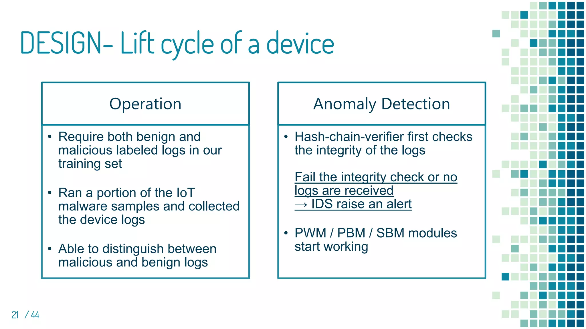 DESIGN- Lift cycle of a device
21 / 44
Operation
• Require both benign and
malicious labeled logs in our
training set
• Ran a portion of the IoT
malware samples and collected
the device logs
• Able to distinguish between
malicious and benign logs
Anomaly Detection
• Hash-chain-verifier first checks
the integrity of the logs
Fail the integrity check or no
logs are received
→ IDS raise an alert
• PWM / PBM / SBM modules
start working
 