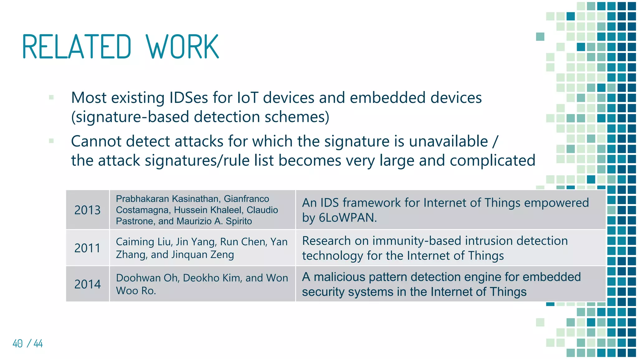 RELATED WORK
40 / 44
▪ Most existing IDSes for IoT devices and embedded devices
(signature-based detection schemes)
▪ Cannot detect attacks for which the signature is unavailable /
the attack signatures/rule list becomes very large and complicated
2013
Prabhakaran Kasinathan, Gianfranco
Costamagna, Hussein Khaleel, Claudio
Pastrone, and Maurizio A. Spirito
An IDS framework for Internet of Things empowered
by 6LoWPAN.
2011
Caiming Liu, Jin Yang, Run Chen, Yan
Zhang, and Jinquan Zeng
Research on immunity-based intrusion detection
technology for the Internet of Things
2014
Doohwan Oh, Deokho Kim, and Won
Woo Ro.
A malicious pattern detection engine for embedded
security systems in the Internet of Things
 
