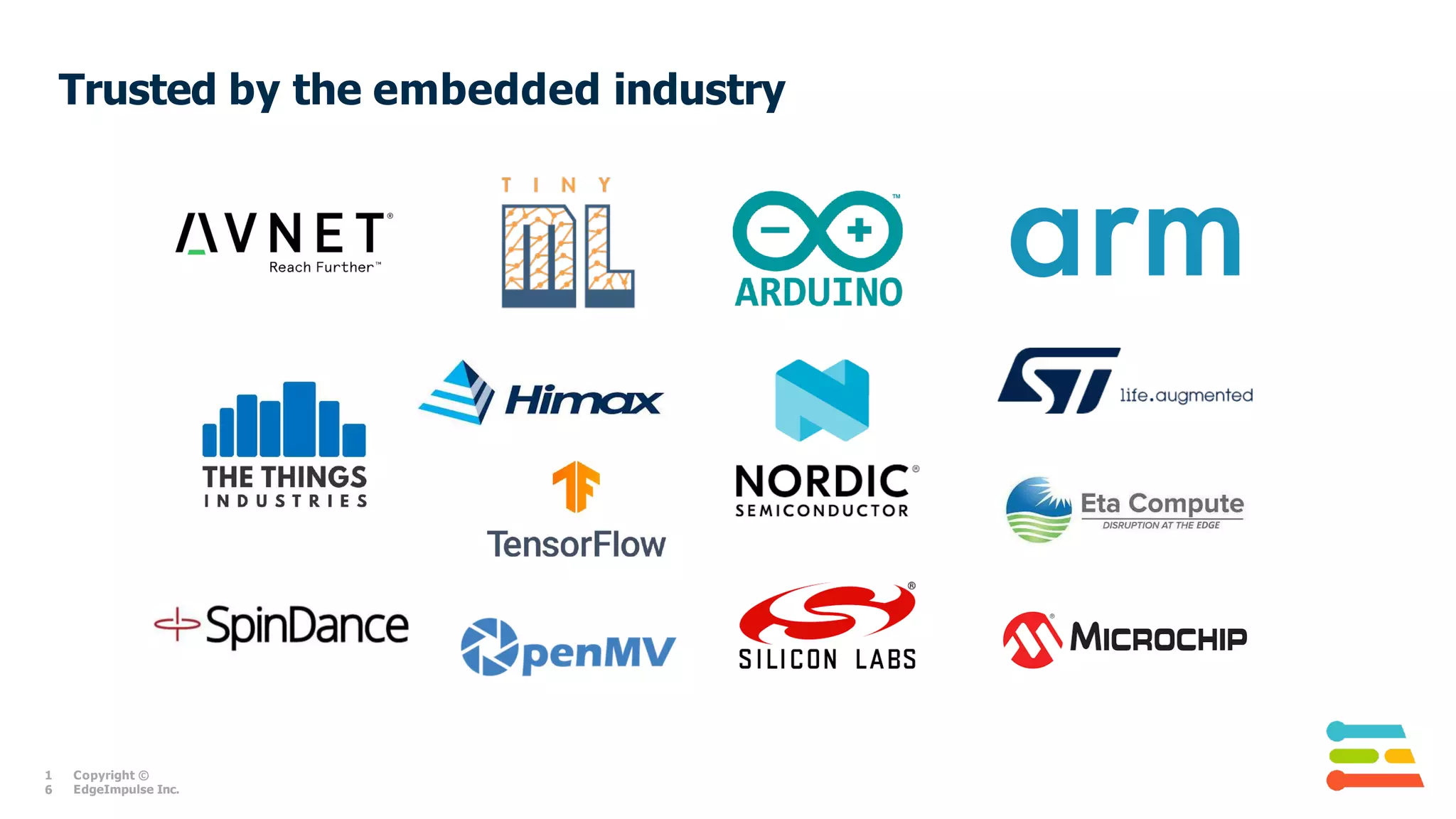 Trusted by the embedded industry
1
6
Copyright ©
EdgeImpulse Inc.
 