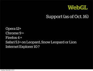 WebGL
                                 Support (as of Oct. 16)

        Opera 12+
        Chrome 9 +
        Firefox 4 +
        Safari 5.1+ on Leopard, Snow Leopard or Lion
        Internet Explorer 10 ?




Tuesday, November 8, 2011
 
