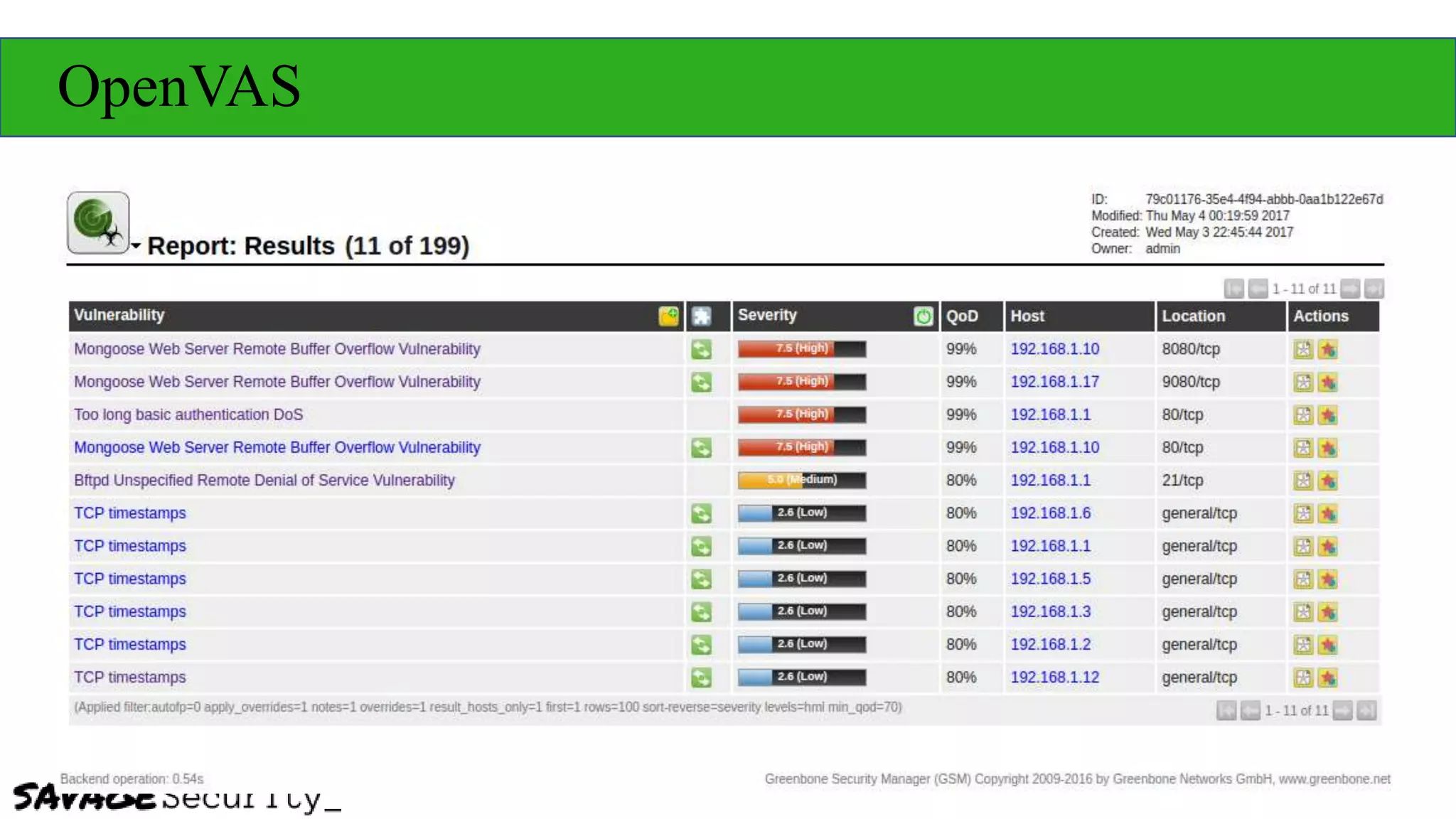 OpenVAS
• Fork of Nessus
• Still maintained
• Default vuln scanner in AlienVault
• Does a great job in comparison w/ commercial products
 