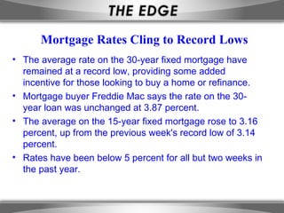 Mortgage Rates Cling to Record Lows The average rate on the 30-year fixed mortgage have remained at a record low, providing some added incentive for those looking to buy a home or refinance. Mortgage buyer Freddie Mac says the rate on the 30-year loan was unchanged at 3.87 percent.  The average on the 15-year fixed mortgage rose to 3.16 percent, up from the previous week's record low of 3.14 percent.  Rates have been below 5 percent for all but two weeks in the past year.  