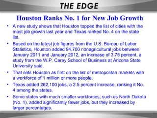Houston Ranks No. 1 for New Job Growth
• A new study shows that Houston topped the list of cities with the
  most job growth last year and Texas ranked No. 4 on the state
  list.
• Based on the latest job figures from the U.S. Bureau of Labor
  Statistics, Houston added 94,700 nonagricultural jobs between
  January 2011 and January 2012, an increase of 3.75 percent, a
  study from the W.P. Carey School of Business at Arizona State
  University said.
• That sets Houston as first on the list of metropolitan markets with
  a workforce of 1 million or more people.
• Texas added 262,100 jobs, a 2.5 percent increase, ranking it No.
  4 among the states.
• Some states with much smaller workforces, such as North Dakota
  (No. 1), added significantly fewer jobs, but they increased by
  larger percentages.
 