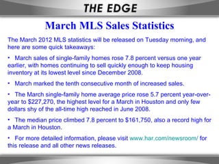 March MLS Sales Statistics
The March 2012 MLS statistics will be released on Tuesday morning, and
here are some quick takeaways:
• March sales of single-family homes rose 7.8 percent versus one year
earlier, with homes continuing to sell quickly enough to keep housing
inventory at its lowest level since December 2008.
• March marked the tenth consecutive month of increased sales.
• The March single-family home average price rose 5.7 percent year-over-
year to $227,270, the highest level for a March in Houston and only few
dollars shy of the all-time high reached in June 2008.
• The median price climbed 7.8 percent to $161,750, also a record high for
a March in Houston.
• For more detailed information, please visit www.har.com/newsroom/ for
this release and all other news releases.
 
