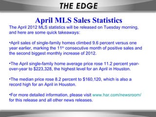 April MLS Sales Statistics
The April 2012 MLS statistics will be released on Tuesday morning,
and here are some quick takeaways:

•April sales of single-family homes climbed 9.6 percent versus one
year earlier, marking the 11th consecutive month of positive sales and
the second biggest monthly increase of 2012.

•The April single-family home average price rose 11.2 percent year-
over-year to $223,328, the highest level for an April in Houston.

•The median price rose 8.2 percent to $160,120, which is also a
record high for an April in Houston.

•For more detailed information, please visit www.har.com/newsroom/
for this release and all other news releases.
 