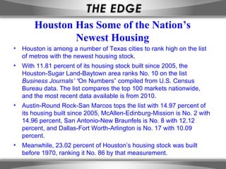 Houston Has Some of the Nation’s
               Newest Housing
• Houston is among a number of Texas cities to rank high on the list
  of metros with the newest housing stock.
• With 11.81 percent of its housing stock built since 2005, the
  Houston-Sugar Land-Baytown area ranks No. 10 on the list
  Business Journals’ “On Numbers” compiled from U.S. Census
  Bureau data. The list compares the top 100 markets nationwide,
  and the most recent data available is from 2010.
• Austin-Round Rock-San Marcos tops the list with 14.97 percent of
  its housing built since 2005, McAllen-Edinburg-Mission is No. 2 with
  14.96 percent, San Antonio-New Braunfels is No. 8 with 12.12
  percent, and Dallas-Fort Worth-Arlington is No. 17 with 10.09
  percent.
• Meanwhile, 23.02 percent of Houston’s housing stock was built
  before 1970, ranking it No. 86 by that measurement.
 